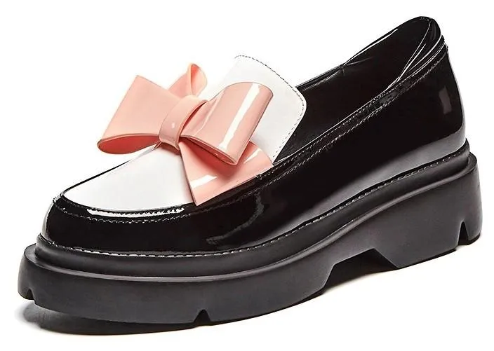 Patent Leather Bow Platform Loafers - Burgundy or Black