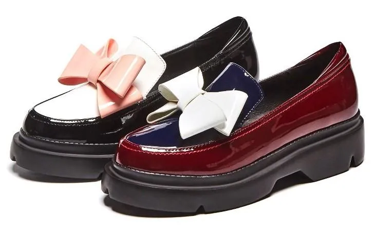 Patent Leather Bow Platform Loafers - Burgundy or Black