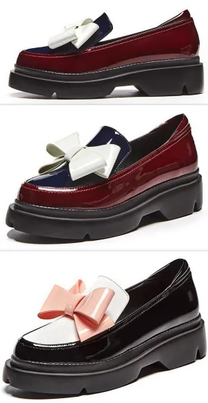Patent Leather Bow Platform Loafers - Burgundy or Black