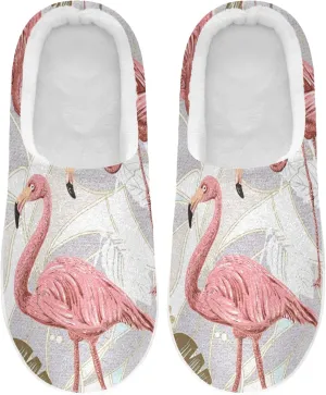 Pink Flamingo Tripical Palm Christmas House Slippers for Women Girls Winter Fuzzy Memory Foam Cozy Shoes for Men Slippers Indoor Outdoor Bedroom