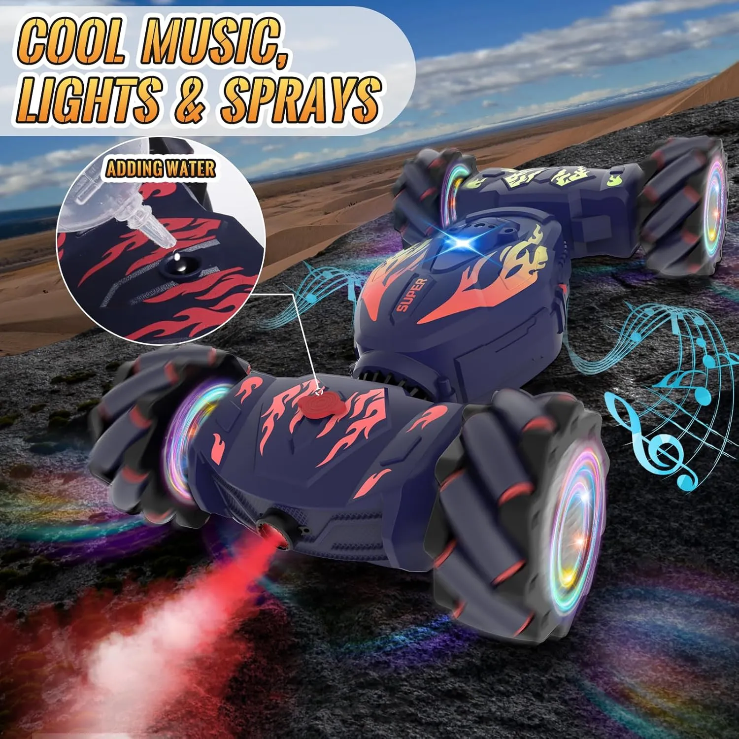 Pristar RC Cars, Gesture Sensing RC Stunt Car Toys for Boys Girls 6-12, 2.4Ghz 4WD Remote Stunt Car with Spray Lights Music 360° Rotate Fast Off-Road Transform, Birthday Xmas Gifts for Kids Age 6-12