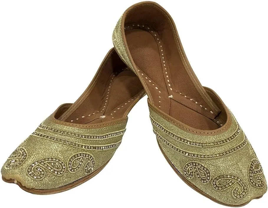 Punjabi Jutti For Women Gold Ethnic Sandal Handmade Shoes Flat Mojari Beaded Traditional Jooti