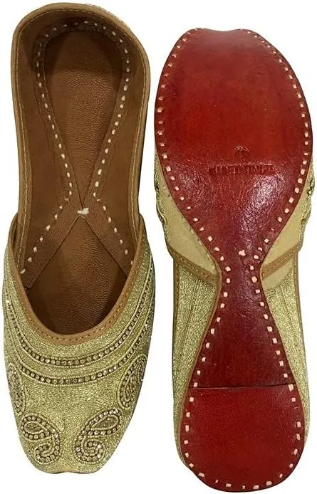 Punjabi Jutti For Women Gold Ethnic Sandal Handmade Shoes Flat Mojari Beaded Traditional Jooti