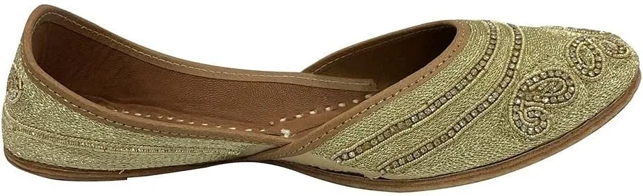 Punjabi Jutti For Women Gold Ethnic Sandal Handmade Shoes Flat Mojari Beaded Traditional Jooti