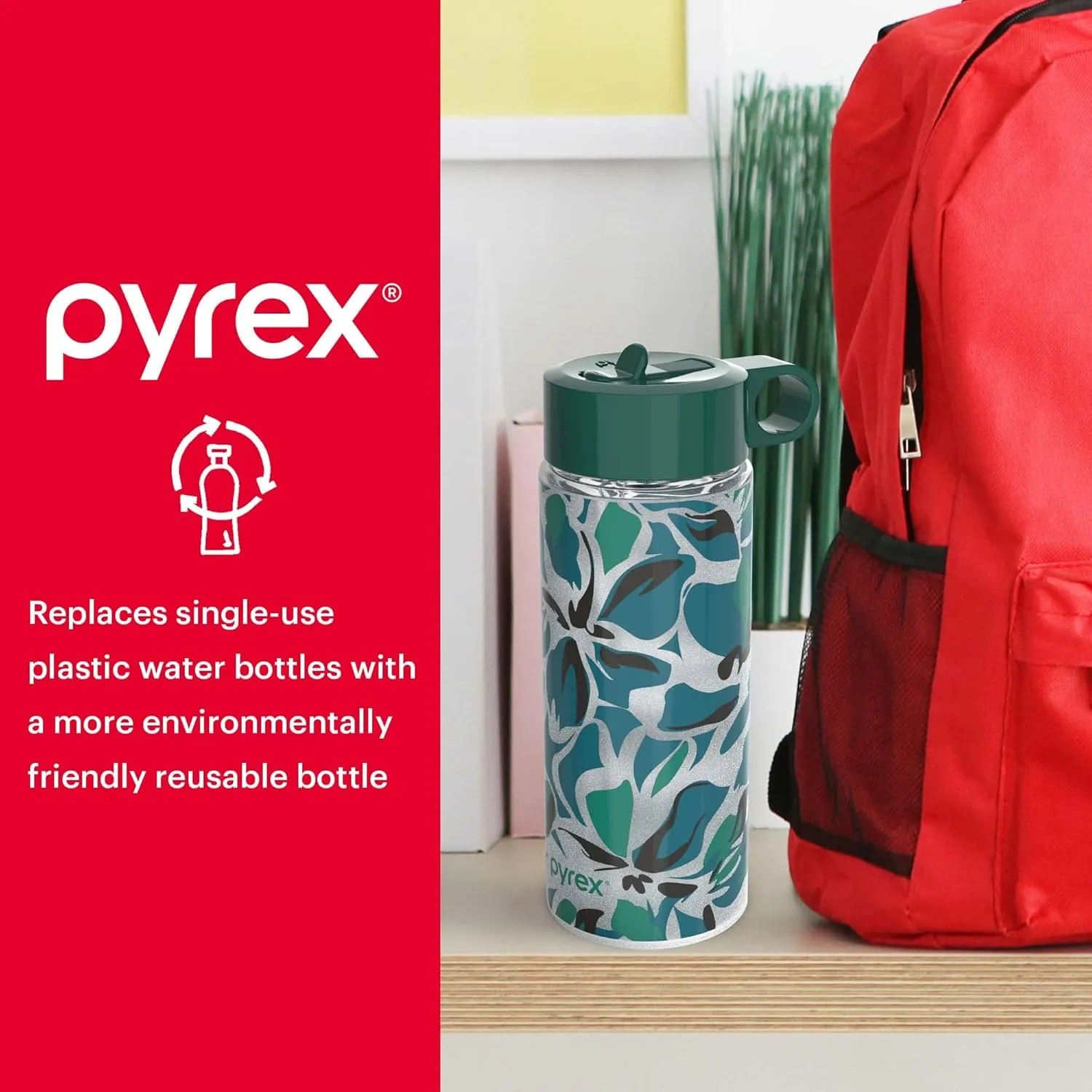 Pyrex 17.5-Oz Color Changing Glass Water Bottle with Silicone Coating, Leakproof and Textured Glass Reusable Water Bottle, Eco-Friendly, BPA-Free Silicone Coating, Abstract Motion