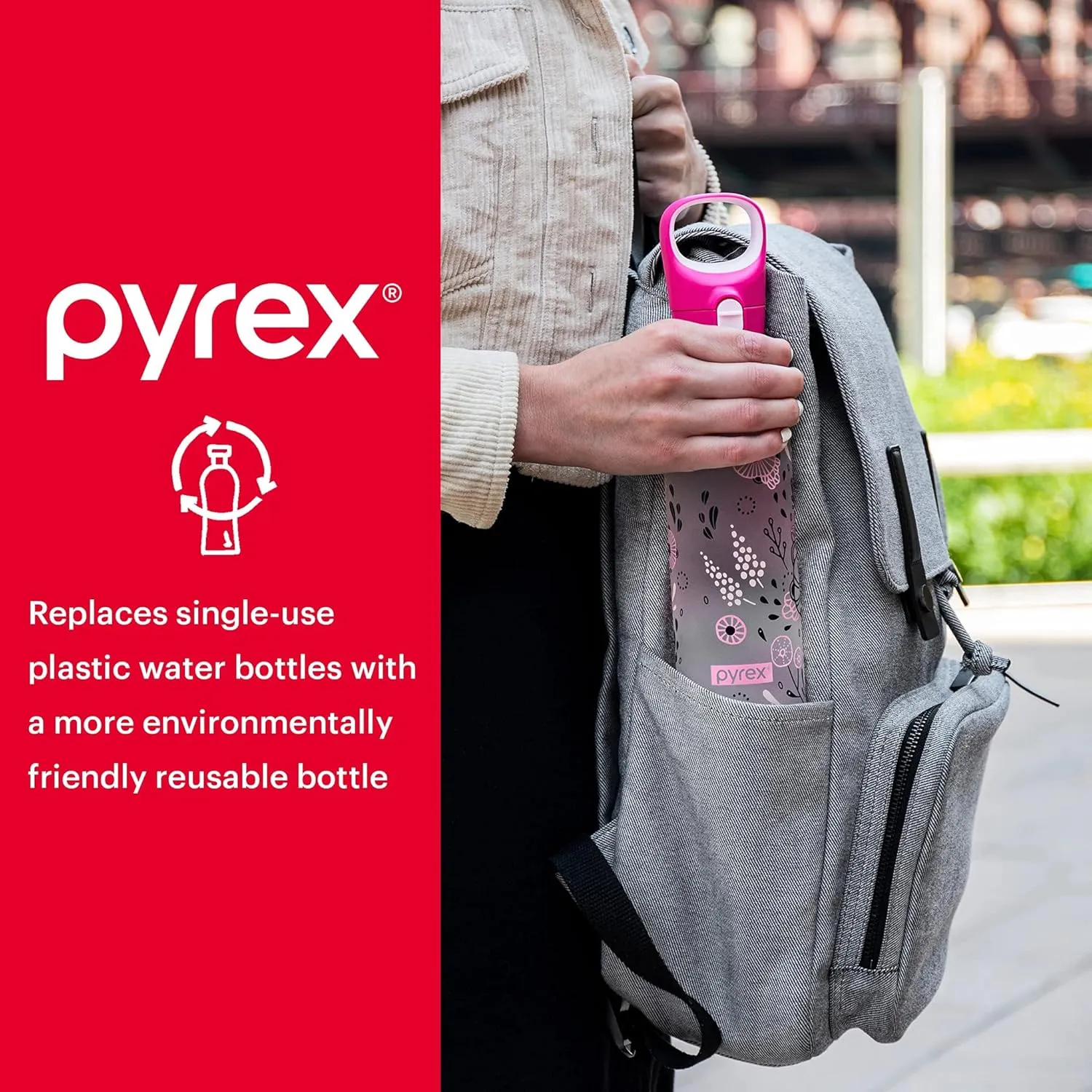 Pyrex 17.5-Oz Color Changing Glass Water Bottle with Silicone Coating, Leakproof and Textured Glass Reusable Water Bottle, Eco-Friendly, BPA-Free Silicone Coating, Floral Pink