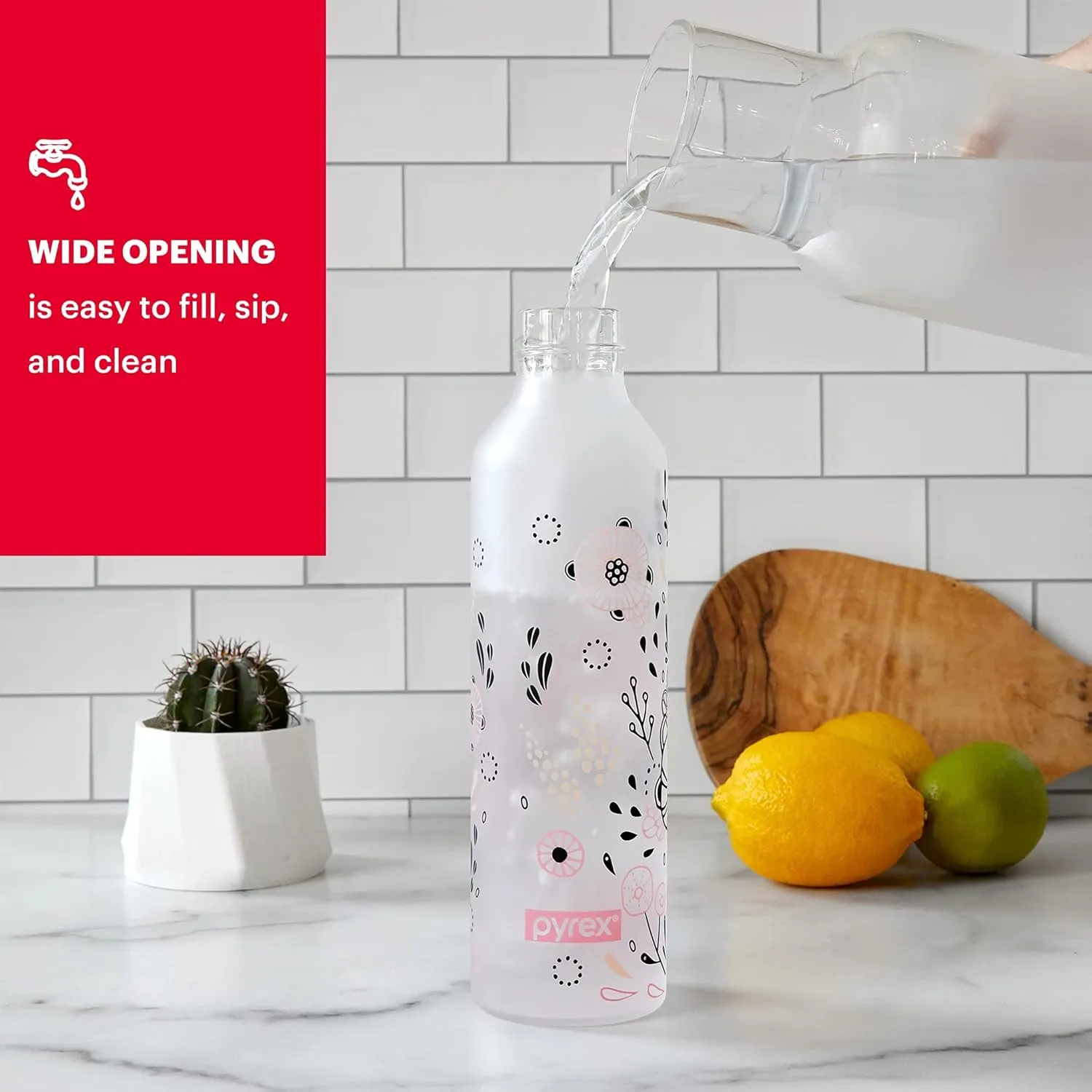 Pyrex 17.5-Oz Color Changing Glass Water Bottle with Silicone Coating, Leakproof and Textured Glass Reusable Water Bottle, Eco-Friendly, BPA-Free Silicone Coating, Floral Pink