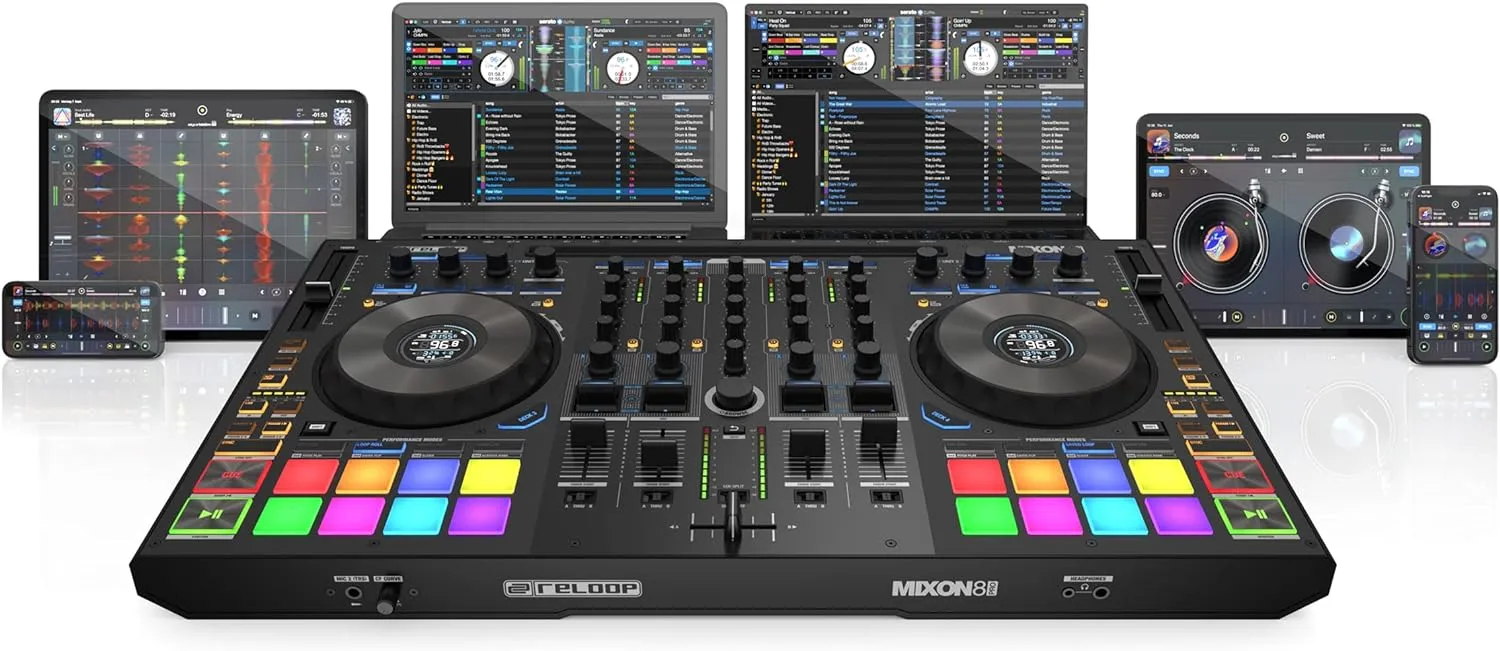 Reloop Mixon 8 Pro 4-Channel Professional Hybrid Sturdy Build DJ Controller for Serato DJ Pro and Algoriddim DJAY Pro AI with Real-Time Displays