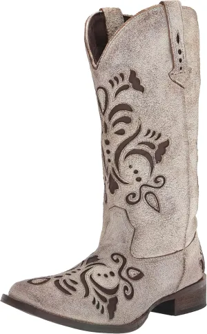 ROPER Womens Belle Metallic Tooled Inlay Square Toe Casual Boots Mid Calf Low Heel 1-2" - Black