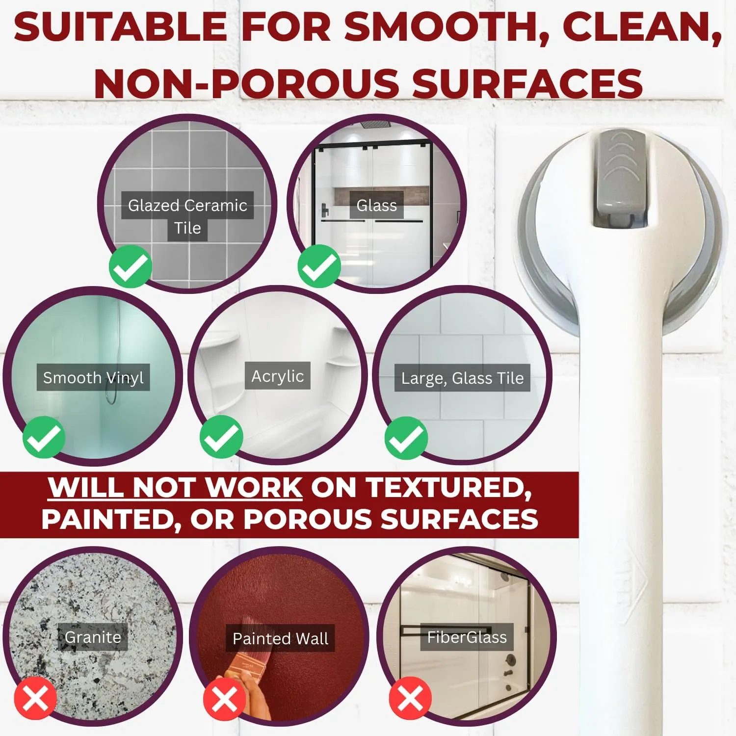 Safe-er-Grip Changing Lifestyles Suction Cup Grab Bars For Bathtubs & Showers; Safety Bathroom Assist Handle, White & Grey, 16 Inches