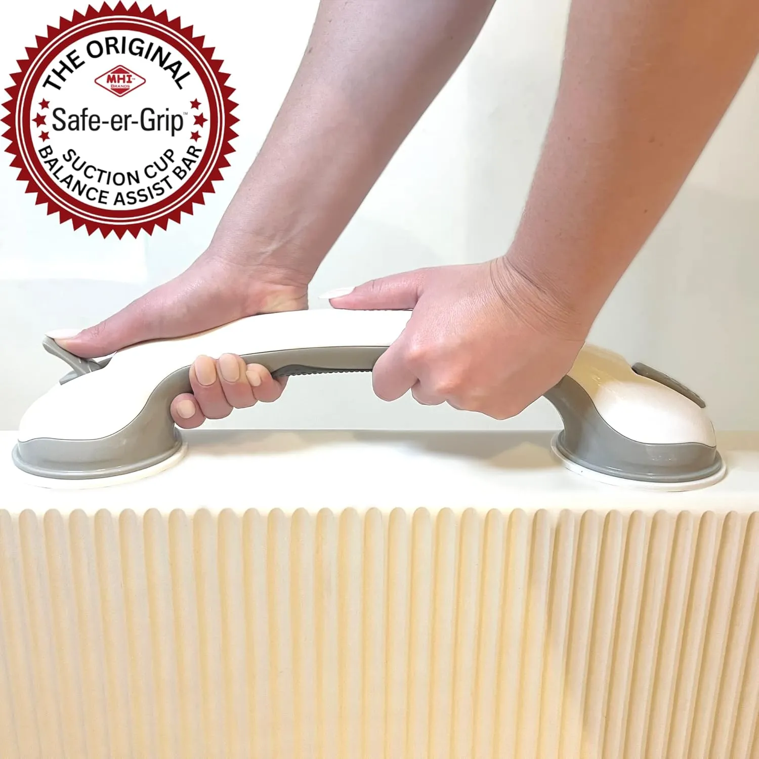 Safe-er-Grip Changing Lifestyles Suction Cup Grab Bars For Bathtubs & Showers; Safety Bathroom Assist Handle, White & Grey, 16 Inches