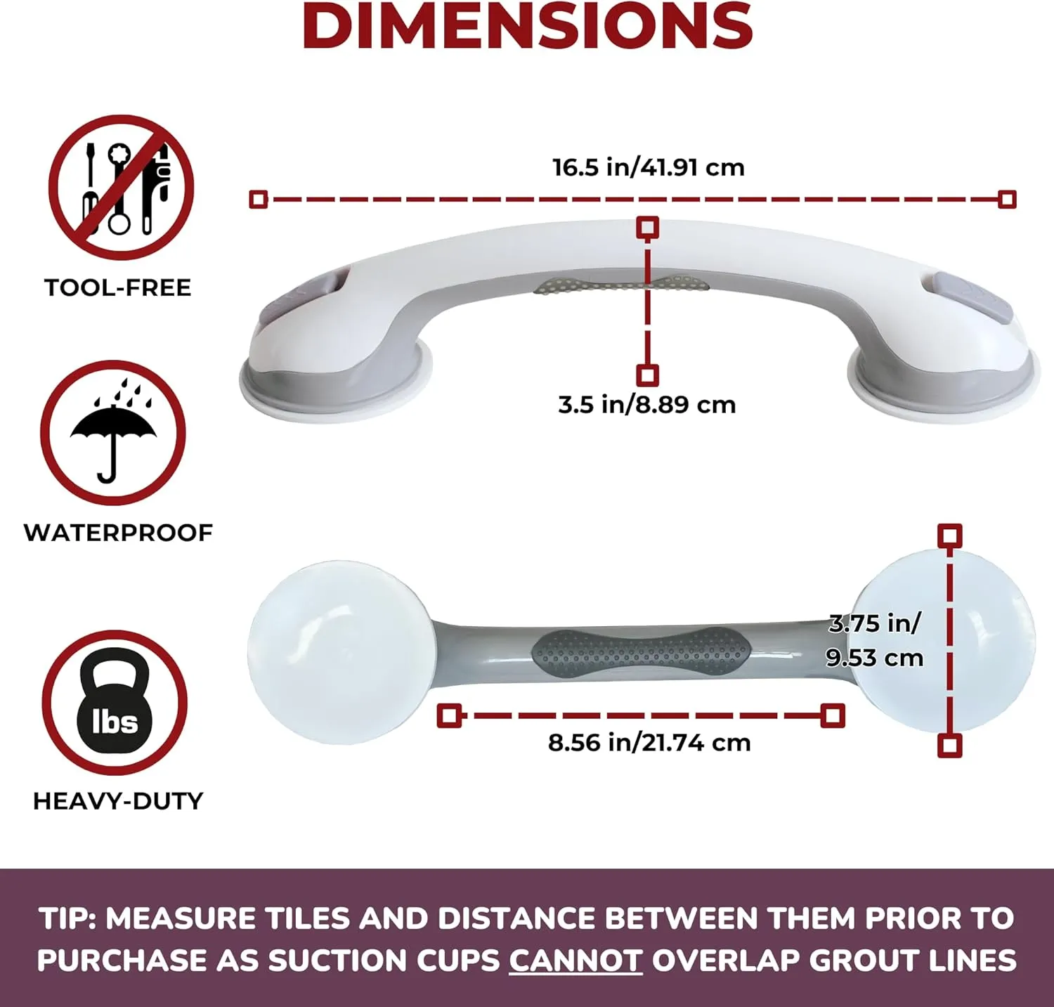 Safe-er-Grip Changing Lifestyles Suction Cup Grab Bars For Bathtubs & Showers; Safety Bathroom Assist Handle, White & Grey, 16 Inches
