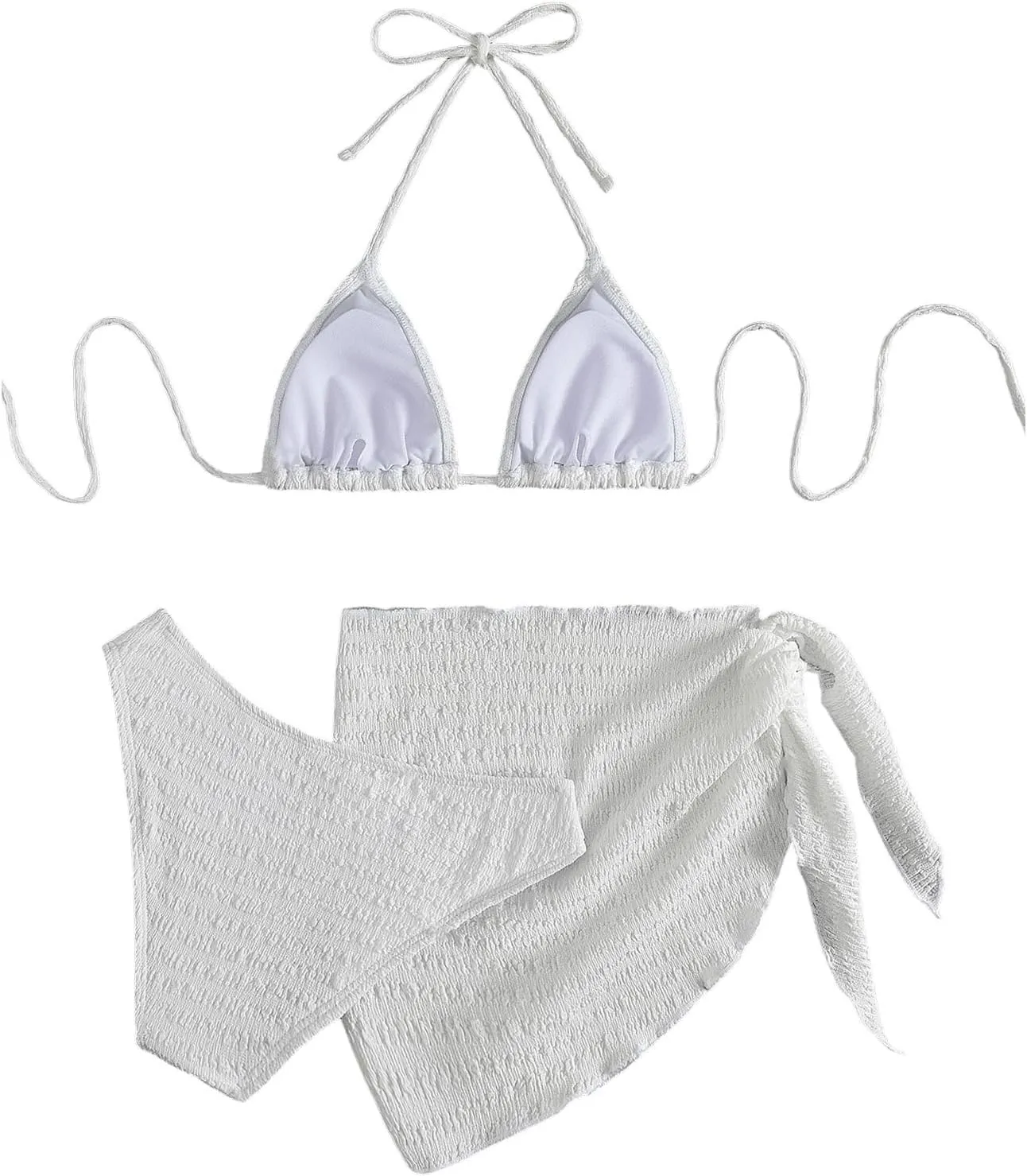 SHENHE Women's 3 Piece Textured High Cut Halter Triangle Bikini Swimsuit with Cover Up