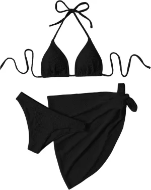 SHENHE Women's 3 Piece Textured High Cut Halter Triangle Bikini Swimsuit with Cover Up