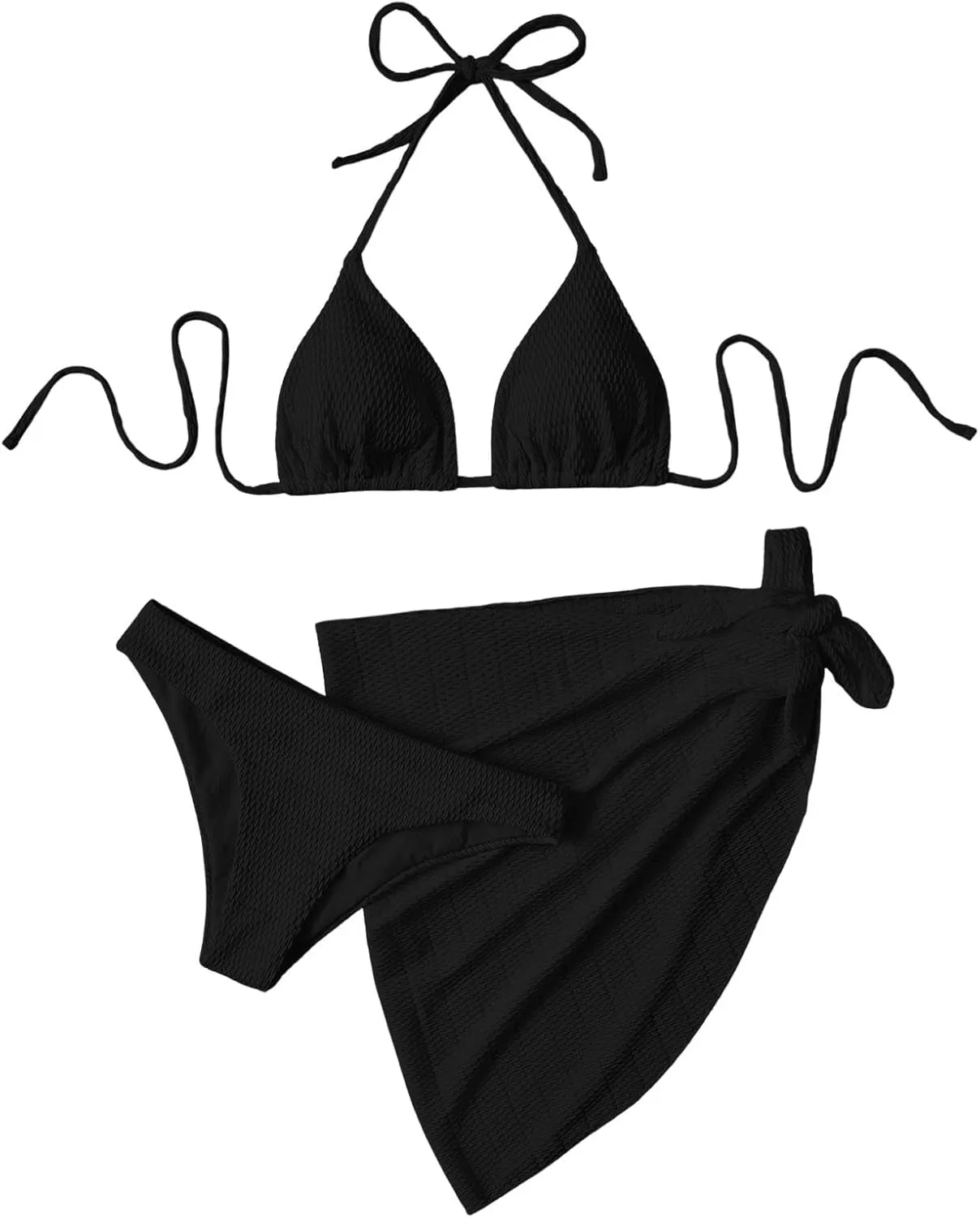 SHENHE Women's 3 Piece Textured High Cut Halter Triangle Bikini Swimsuit with Cover Up