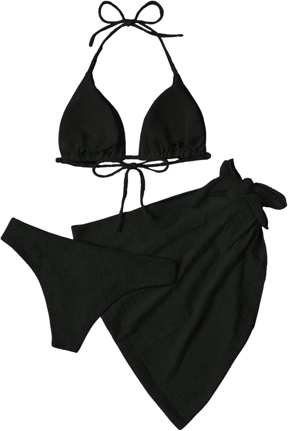 SHENHE Women's 3 Piece Textured High Cut Halter Triangle Bikini Swimsuit with Cover Up