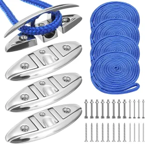 Shimeyao 4 Pack Folding Boat Cleats 5 Inch 316 Stainless Steel Flip-up Dock Cleats Marine Grade with Fastener and 4 Pcs 15ft Double Braided Nylon Dock Rope for Kayak Yacht Boat