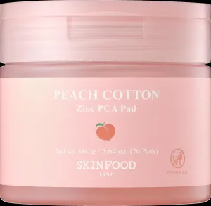 SKINFOOD Peach Cotton Zinc PCA Toner Pads, Korean Skincare for Dual Functional Hydrating,Soothing & Matte, Velvety Finish, Sebum Control for Sensitive, Oily, Acne-Prone Skin, 5.64 oz (70 Pads)
