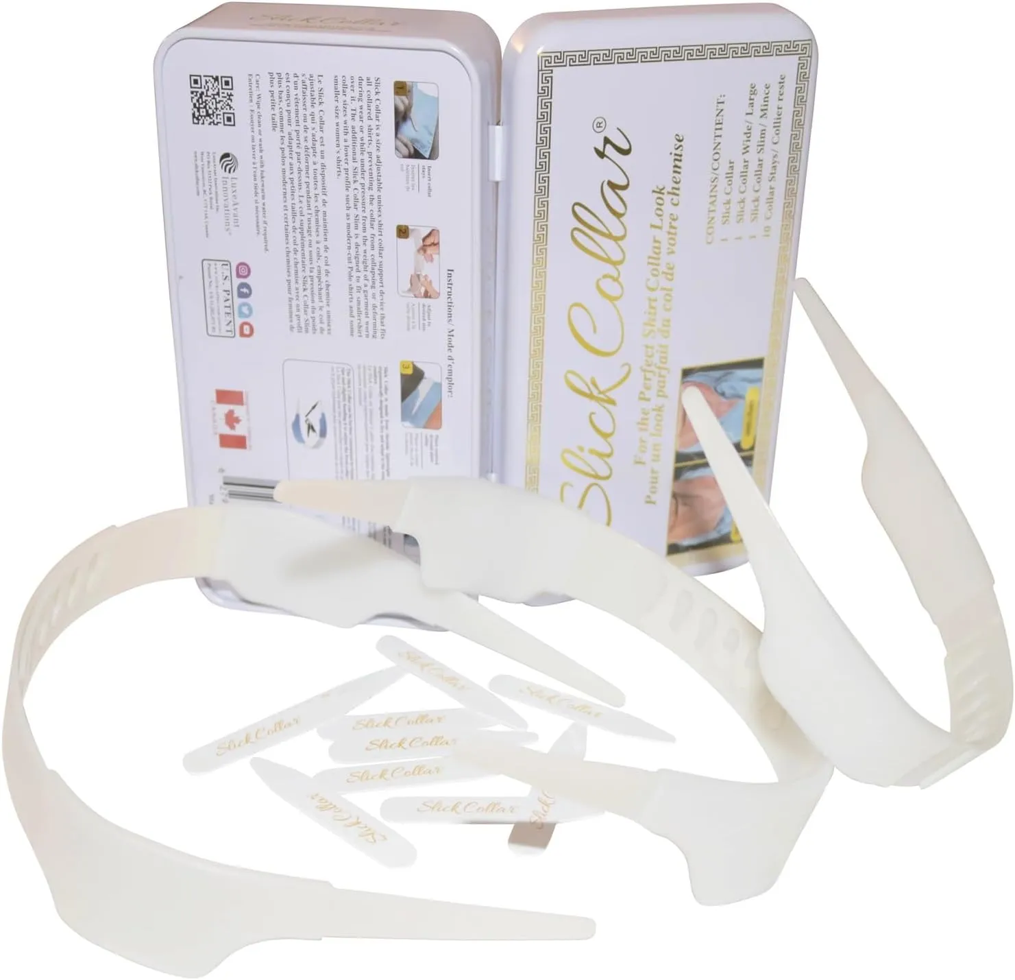 Slick Collar Shirt Collar Support System set with 3 adjustable, 10 premium Collar Stays & a Durable tin Travel EDC Box in White