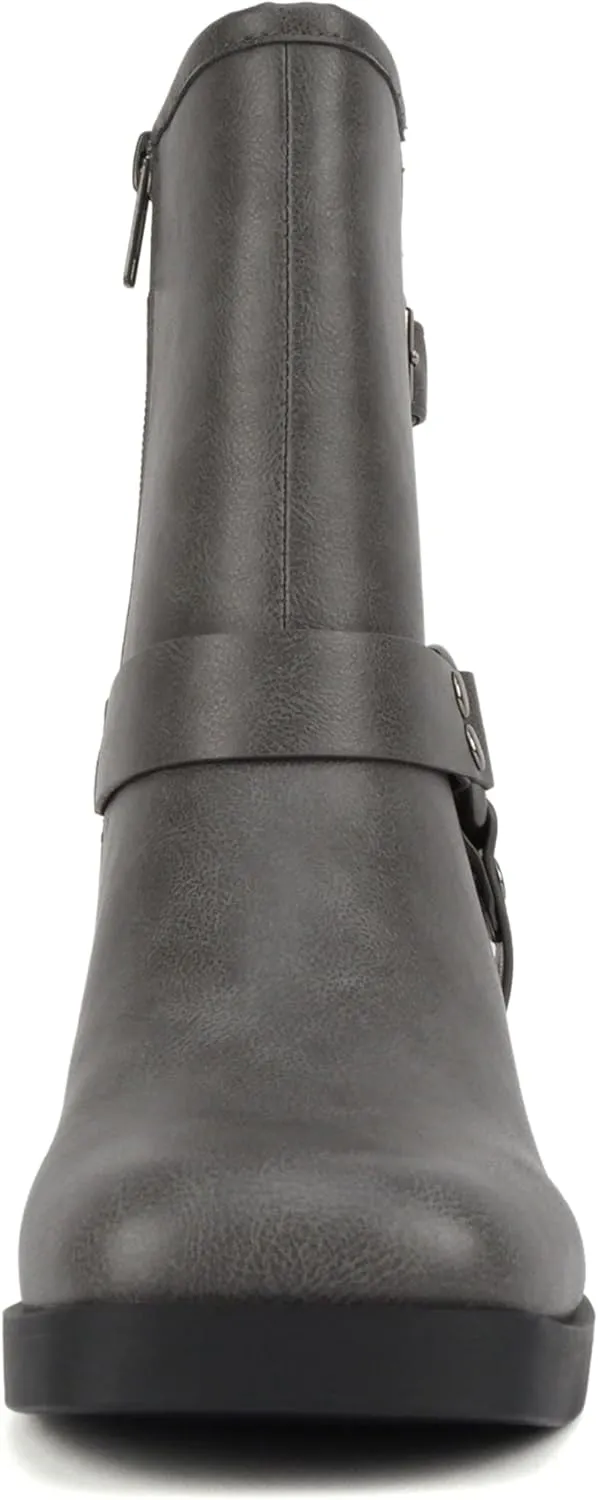 Soda “Addax” ~ Women Square Toe Low Heel Ornamented Ankle Boot with Belted Straps
