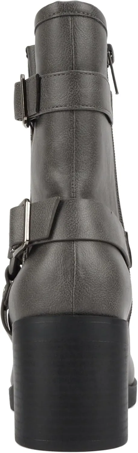 Soda “Addax” ~ Women Square Toe Low Heel Ornamented Ankle Boot with Belted Straps