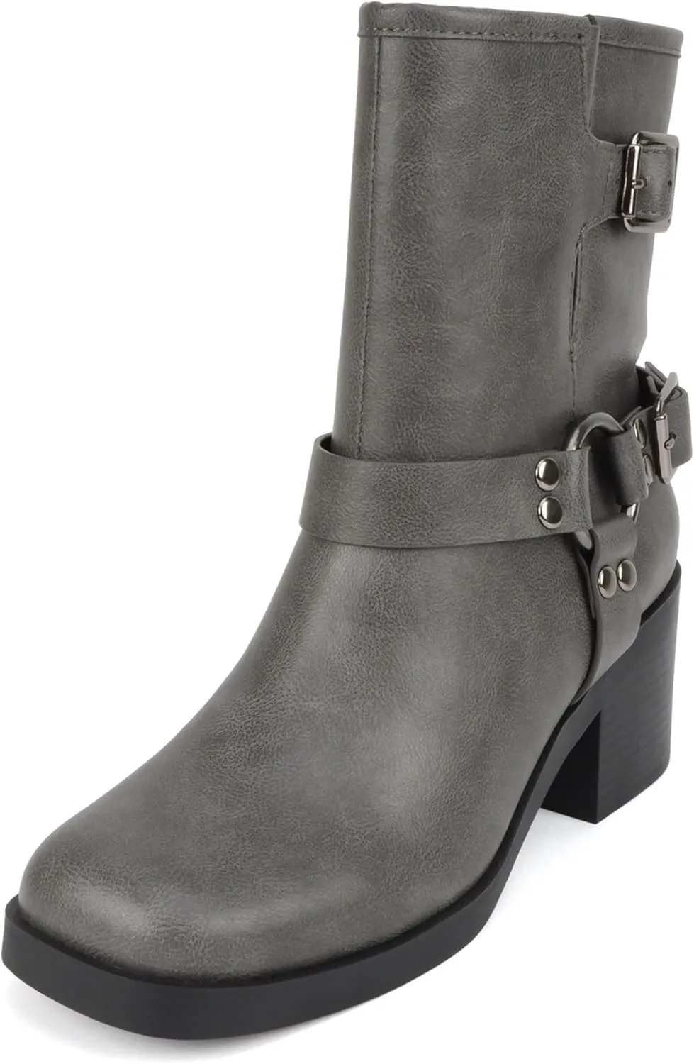 Soda “Addax” ~ Women Square Toe Low Heel Ornamented Ankle Boot with Belted Straps