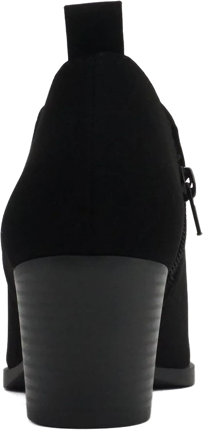 Soda SECTORY ~ Women Pointed Toe V Cut Stacked Chunky Low Heel Ankle Boot Bootie Side Zipper