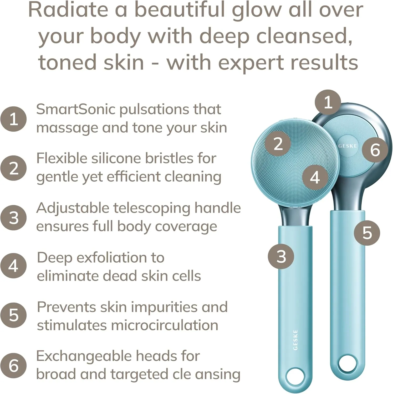 Sonic Full-Body Brush & Intensive Exfoliator | 8 in 1 | Electric Body Cleansing Brush | With SmartSonic Pulsations | Deep Cleansing, Exfoliation, Massage | Extendable Handle | Rough Skin Remover