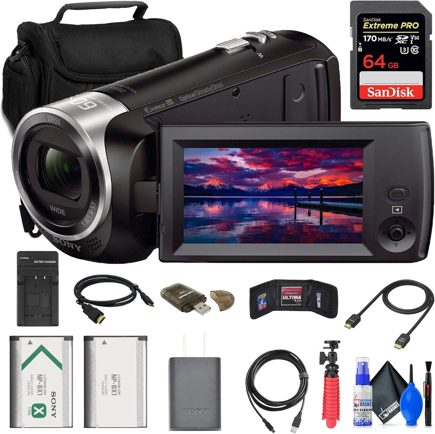 Sony HDR-CX405 HD Handycam (HDRCX405/B)   64GB Memory Card   Bag   NP-BX1 Battery   Card Reader   HDMI Cable   Charger   Flex Tripod   Memory Wallet   Cleaning Kit, Black (Renewed)