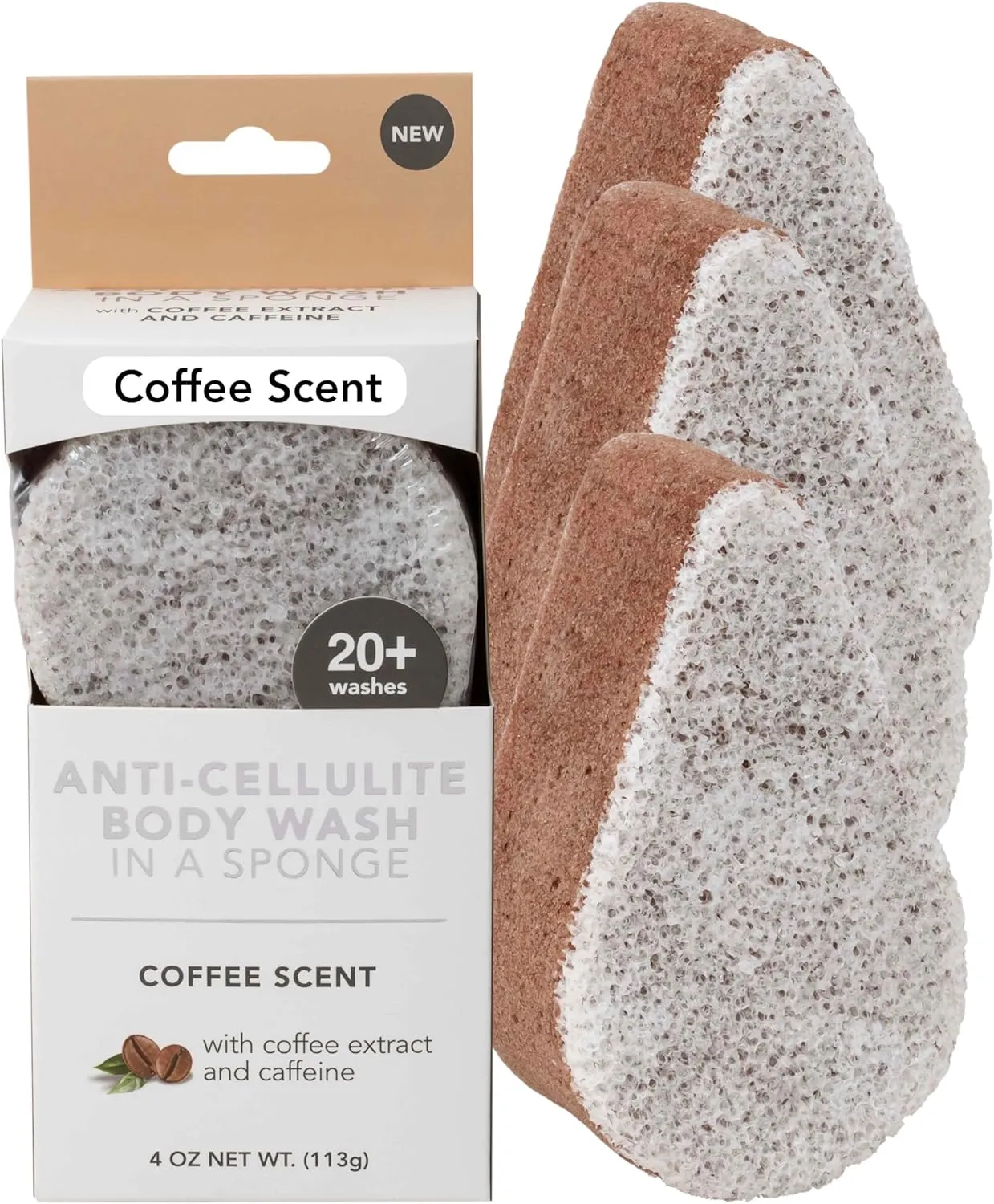 Spongeables Anti Cellulite Body Wash in a 20  Wash Sponge, Coffee, 3 Count