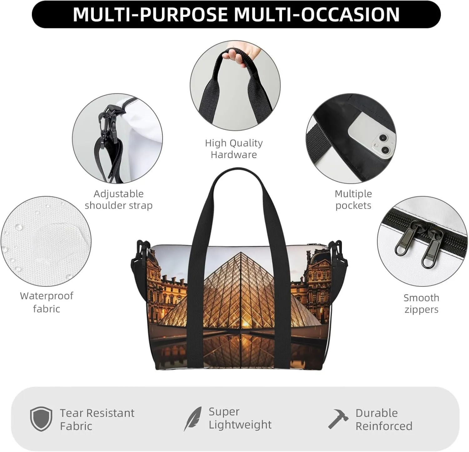 Sports Gym Bag for Women Men Travel Duffel Bag Tote Louvre Museum in Paris Weekender Bag Canvas Carry on Overnight Bag for Travel Swimming Fitness Workout Sports Duffle Bag