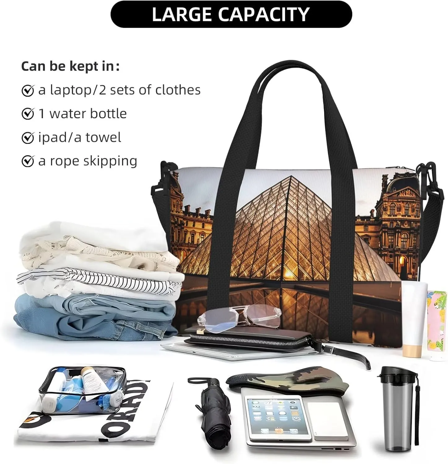 Sports Gym Bag for Women Men Travel Duffel Bag Tote Louvre Museum in Paris Weekender Bag Canvas Carry on Overnight Bag for Travel Swimming Fitness Workout Sports Duffle Bag