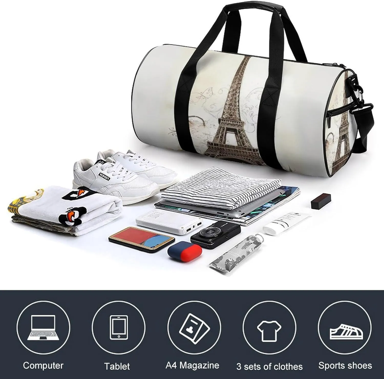 Sports Gym Bag for Women Men Travel Duffel Bag Tote Weekender Bag Eiffel Tower Carry on Overnight Bag for Travel Swimming Fitness Workout Sports Duffle Bag