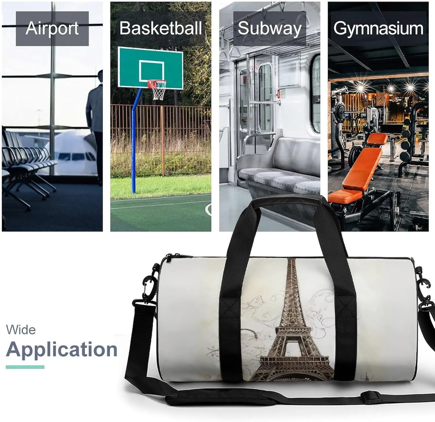 Sports Gym Bag for Women Men Travel Duffel Bag Tote Weekender Bag Eiffel Tower Carry on Overnight Bag for Travel Swimming Fitness Workout Sports Duffle Bag
