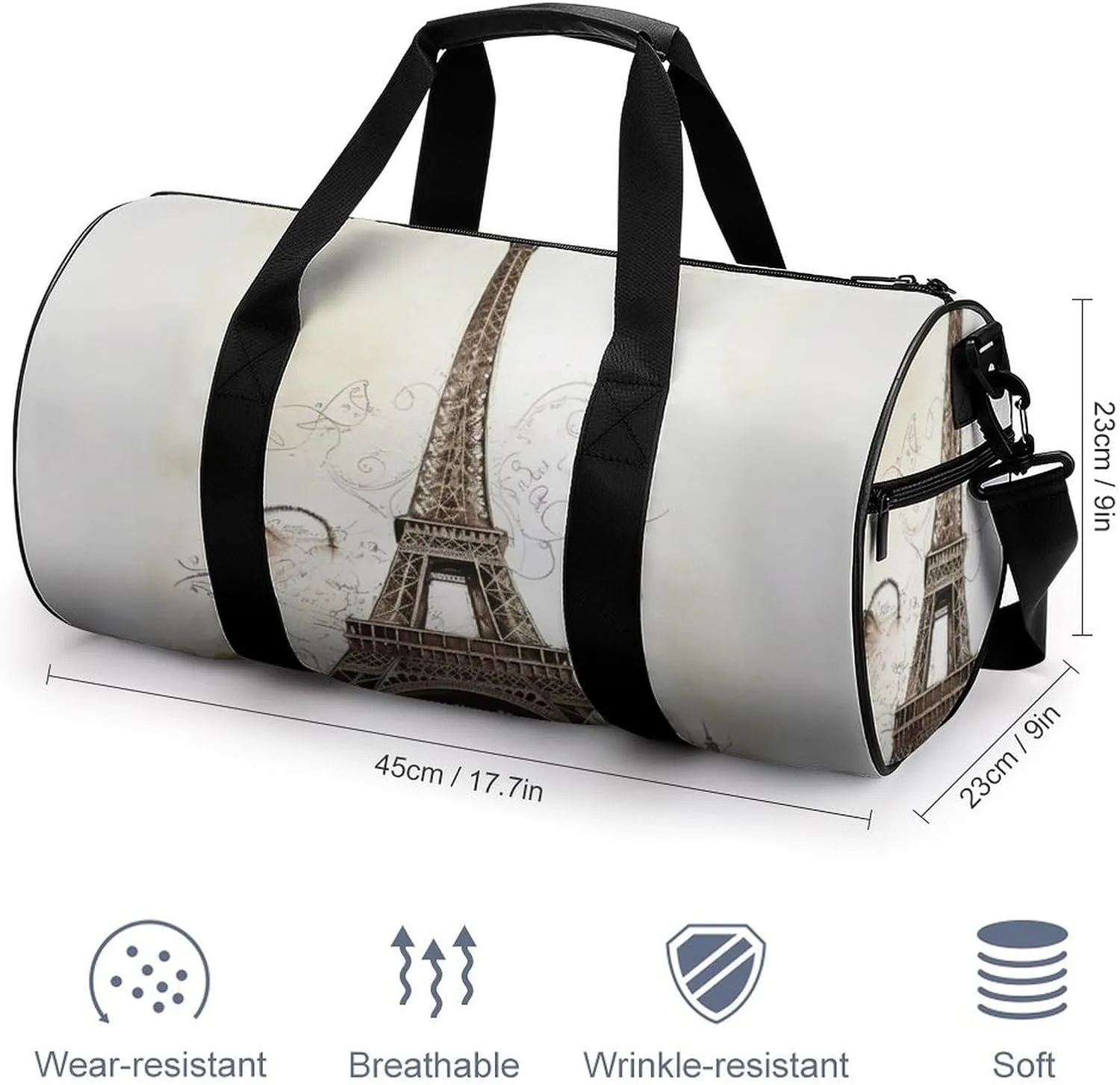 Sports Gym Bag for Women Men Travel Duffel Bag Tote Weekender Bag Eiffel Tower Carry on Overnight Bag for Travel Swimming Fitness Workout Sports Duffle Bag