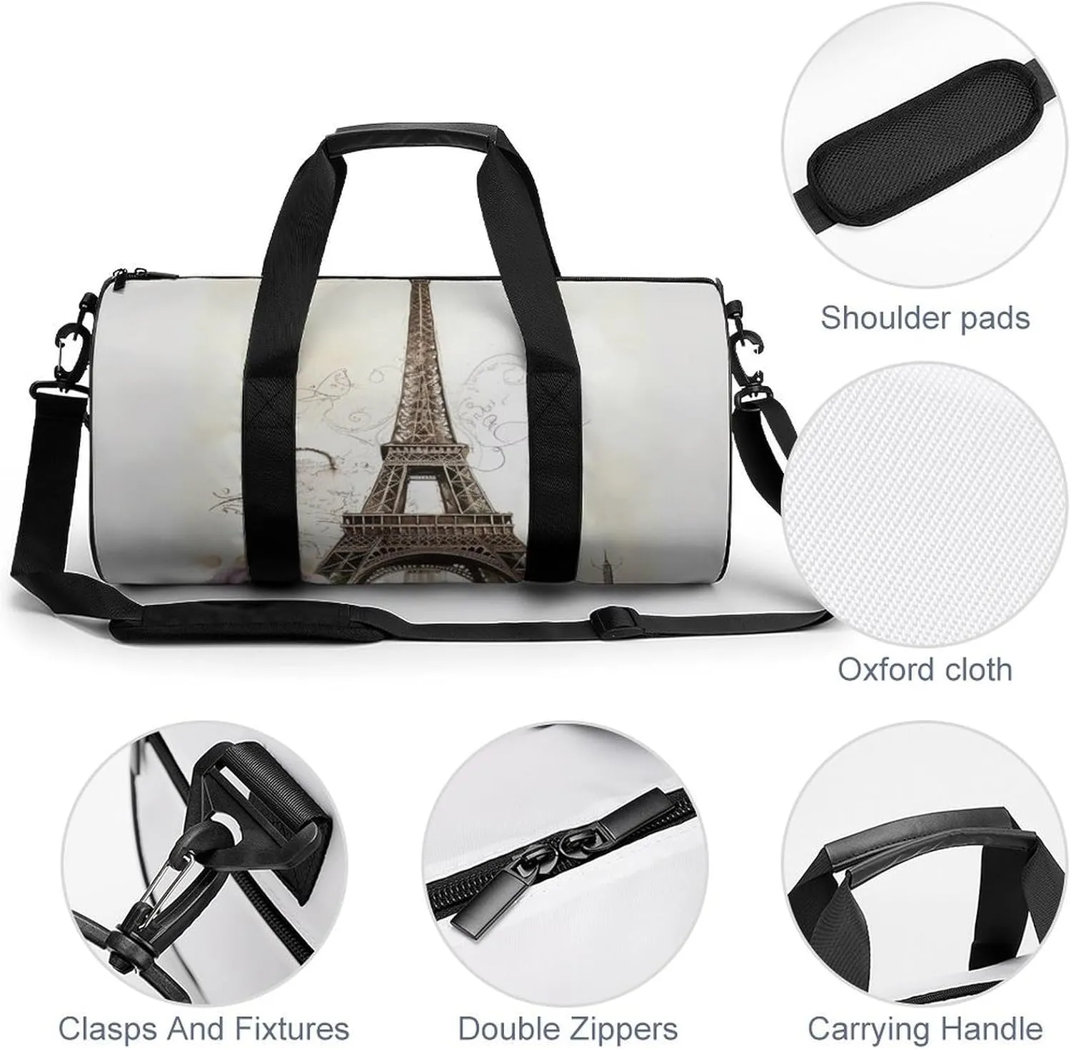 Sports Gym Bag for Women Men Travel Duffel Bag Tote Weekender Bag Eiffel Tower Carry on Overnight Bag for Travel Swimming Fitness Workout Sports Duffle Bag