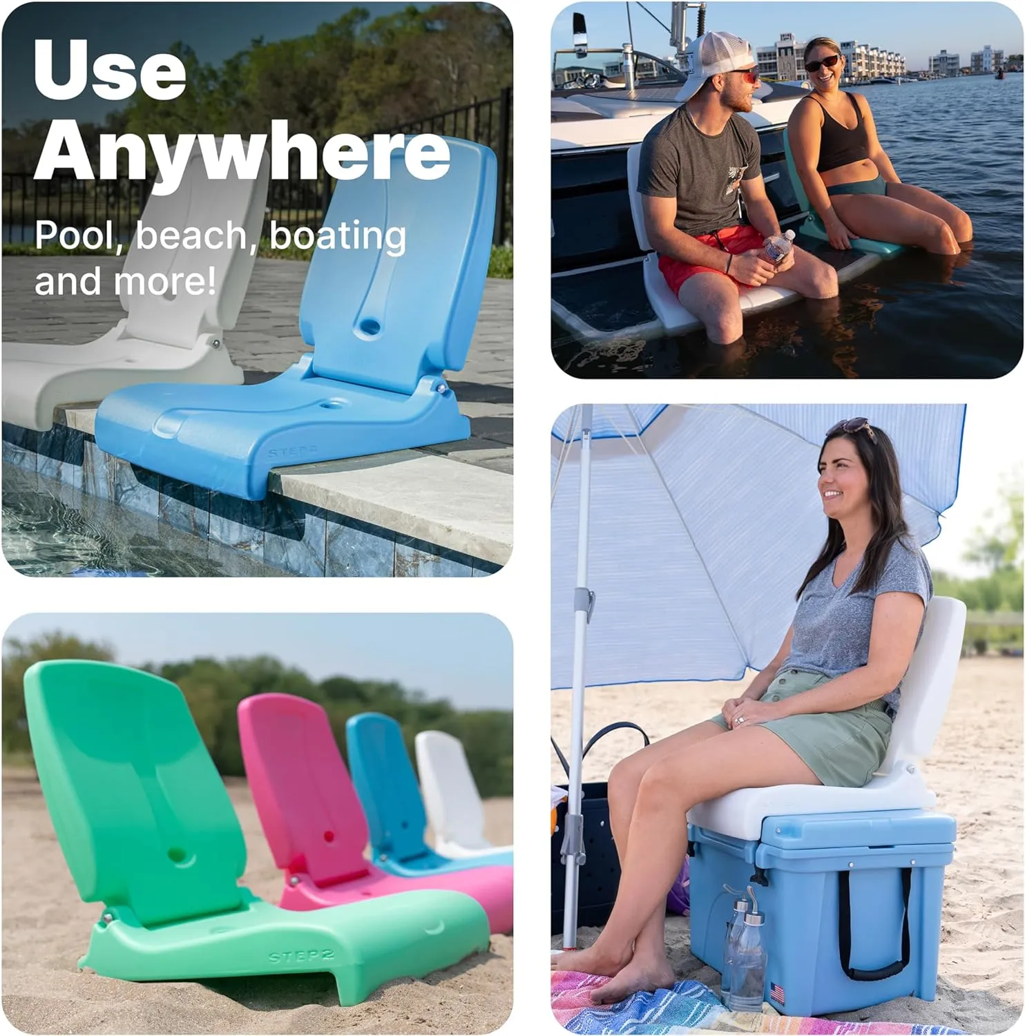Step2 Folding Flip Seat, Lightweight Portable Outdoor Chair for Poolside, Camping, Beach, Boats, Tailgates, Durable Ground Chair with Back Support for Adults, Capri Blue