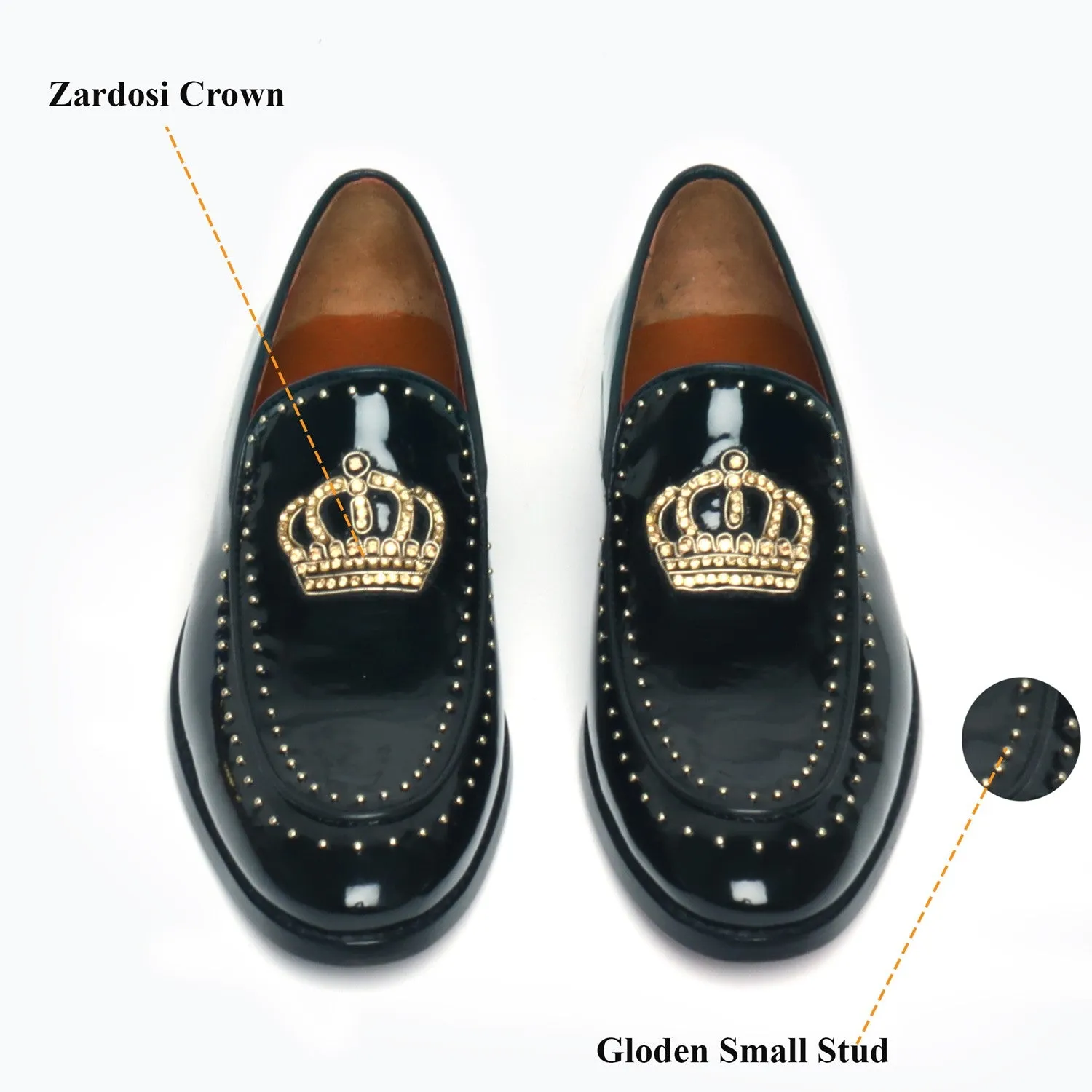 Studded Apron Leather Loafers in Black Patent Crown Zardosi
