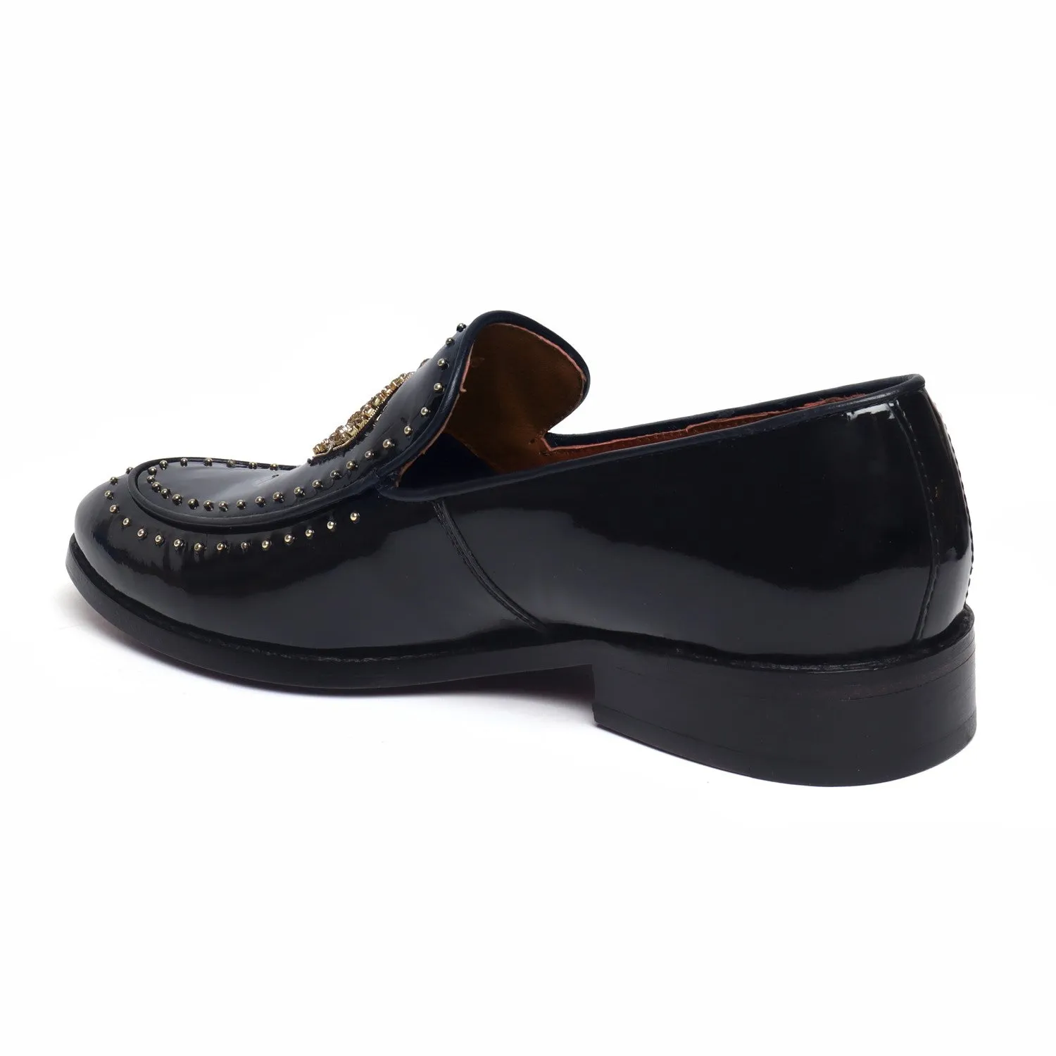 Studded Apron Leather Loafers in Black Patent Crown Zardosi