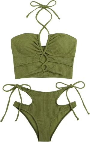 SweatyRocks Women's Lace Up Cut Out Halter Bikini Set High Waisted Two Piece Bathing Suit Swimwear