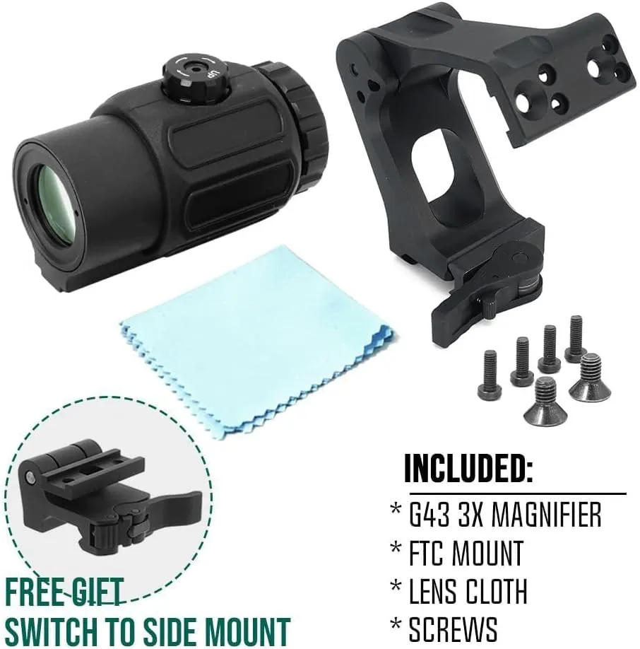 Tactical G33/G43 3X Magnifier with FTC QD Mount Combo，2.26"/2.91" Optical Centerline Height，Quick Release & Flip-to-Center (FTC) Mechanism，CNC Aluminum