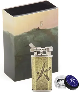 Takara Brass & Flint Set - Japanese Soft Flame Lighter   20 Replacement Flints, Refillable Butane Pipe Lighter, Adjustable Angled Flame Lighter, Airline Friendly Travel Lighter