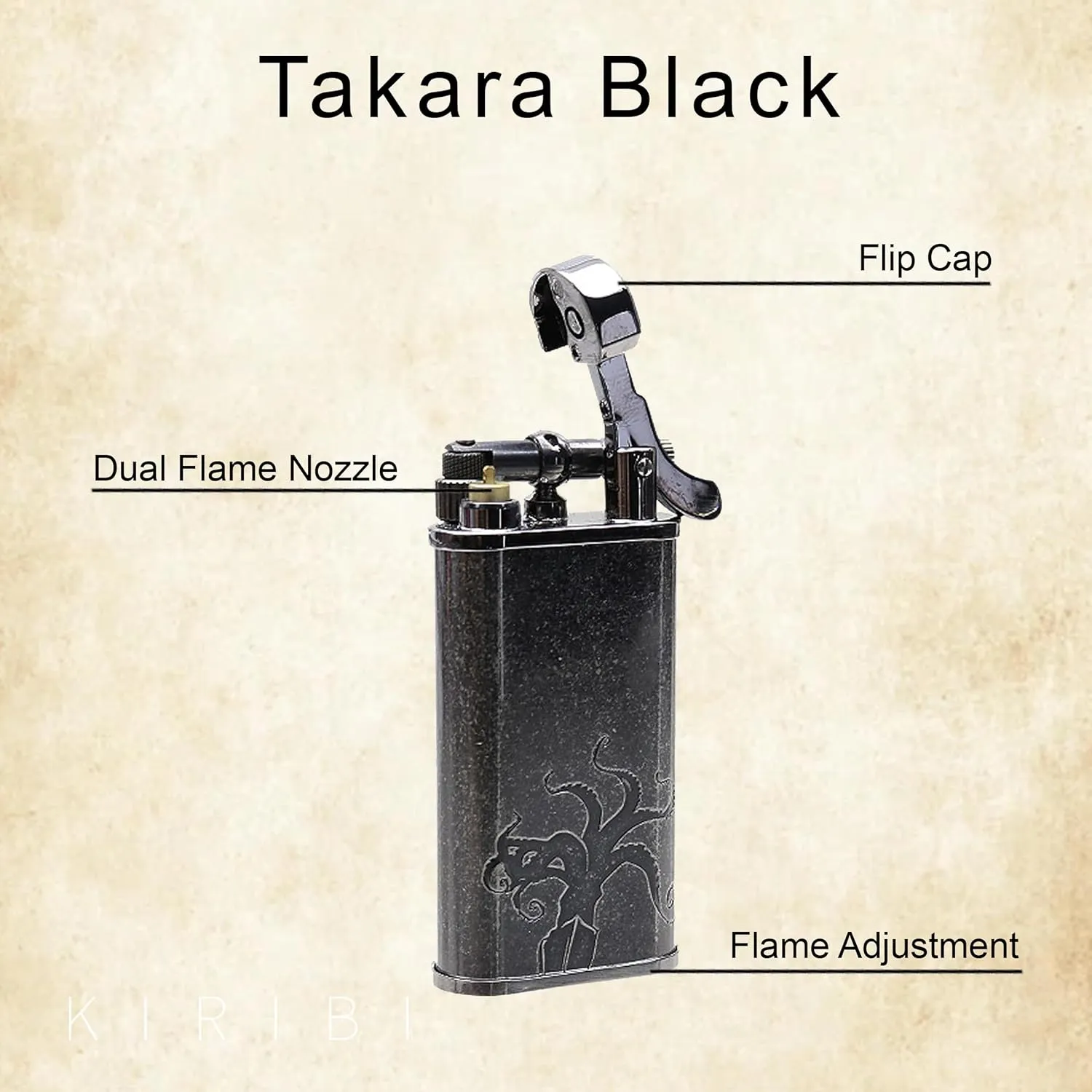 Takara Japanese Dual Flame Pipe Lighter - Refillable, Angled & Adjustable Soft-Flame, Flip Top, Travel Friendly, Uses Butane (Black)