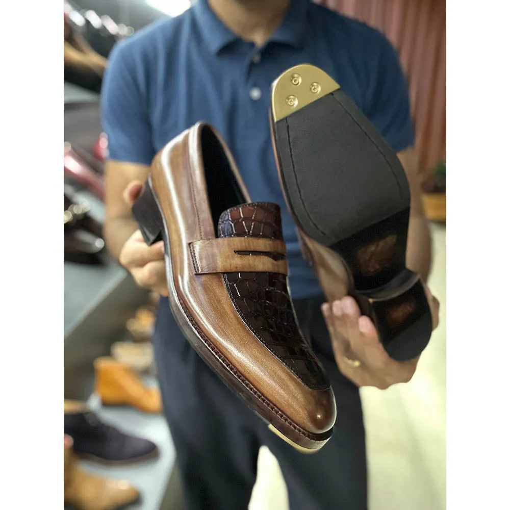 Tan   Brown Croco Detail Mirror Glossed Patina Penny Loafer With Metal Toe