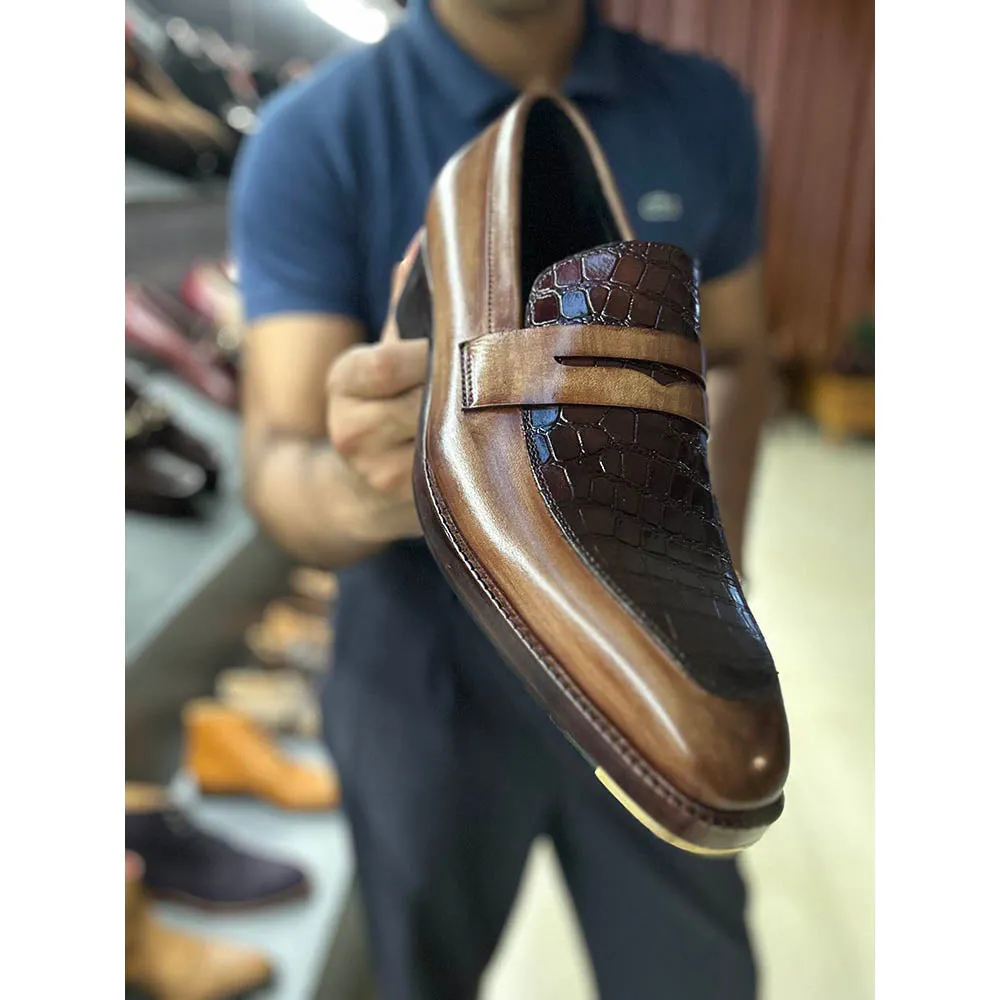 Tan   Brown Croco Detail Mirror Glossed Patina Penny Loafer With Metal Toe