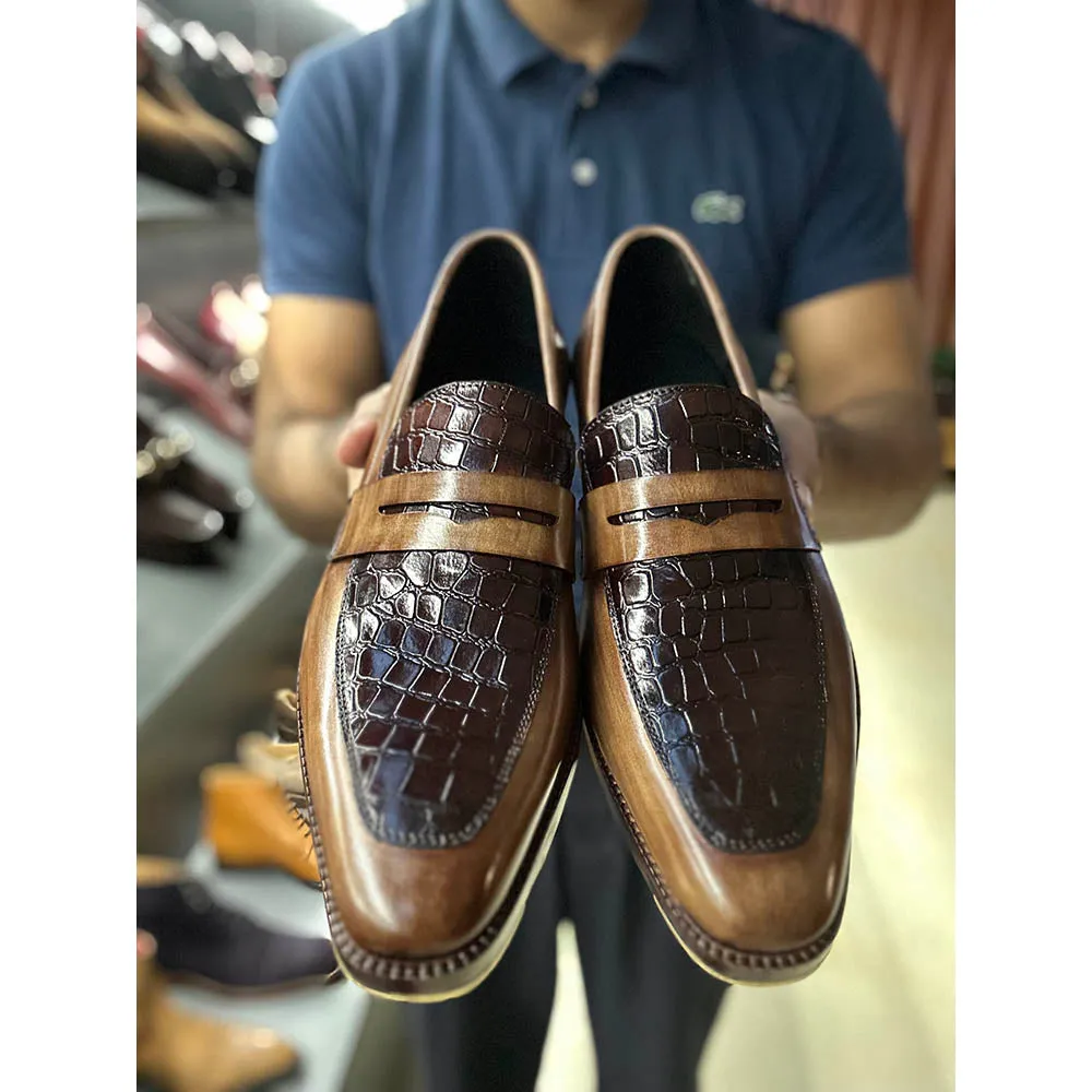 Tan   Brown Croco Detail Mirror Glossed Patina Penny Loafer With Metal Toe