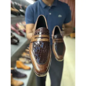 Tan   Brown Croco Detail Mirror Glossed Patina Penny Loafer With Metal Toe