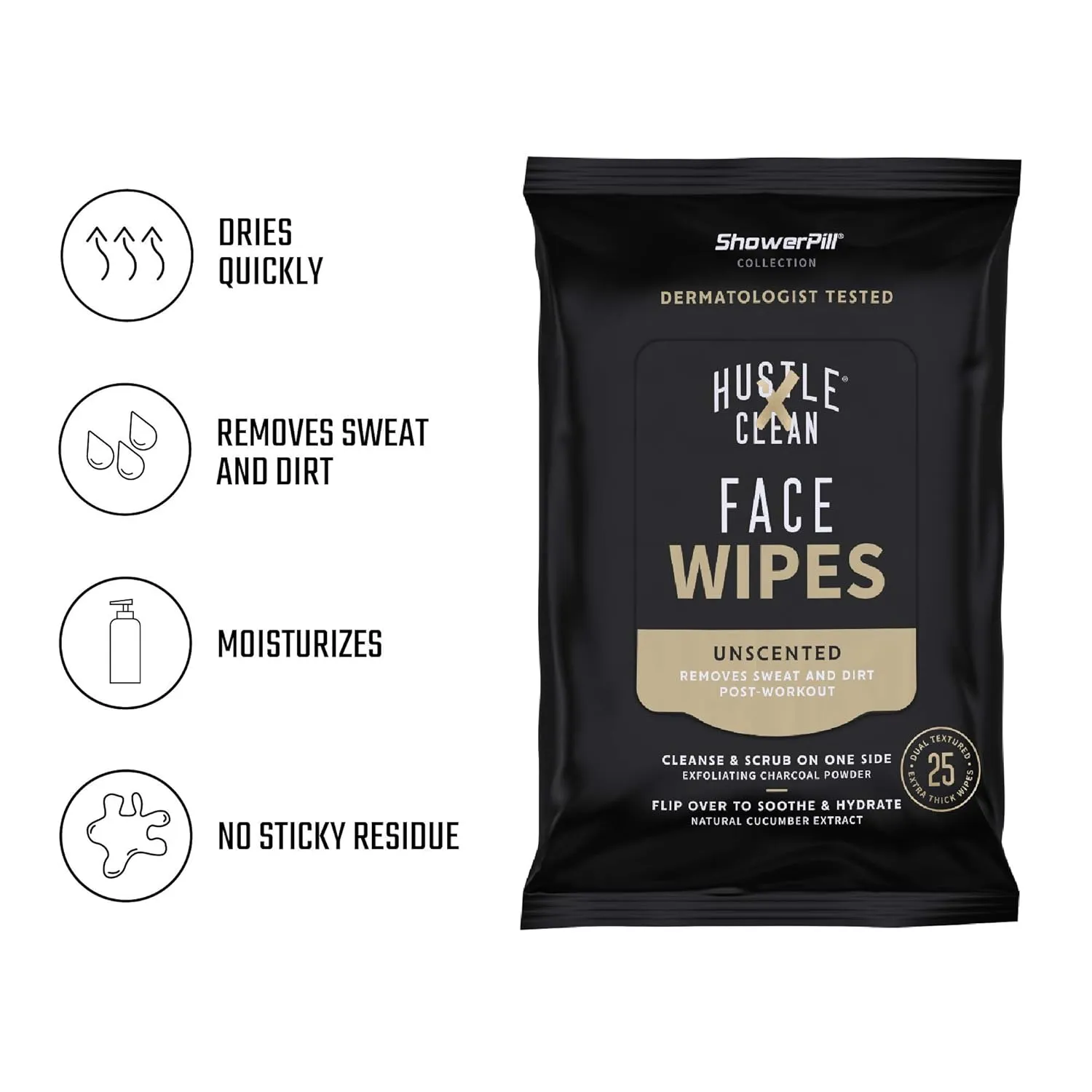The Face Wipe by Hustle Clean - ShowerPill Collection - 100 Count - Dual-Textured Cleansing Cloth with Charcoal and Cucumber Formulation - 100 Face Wipes