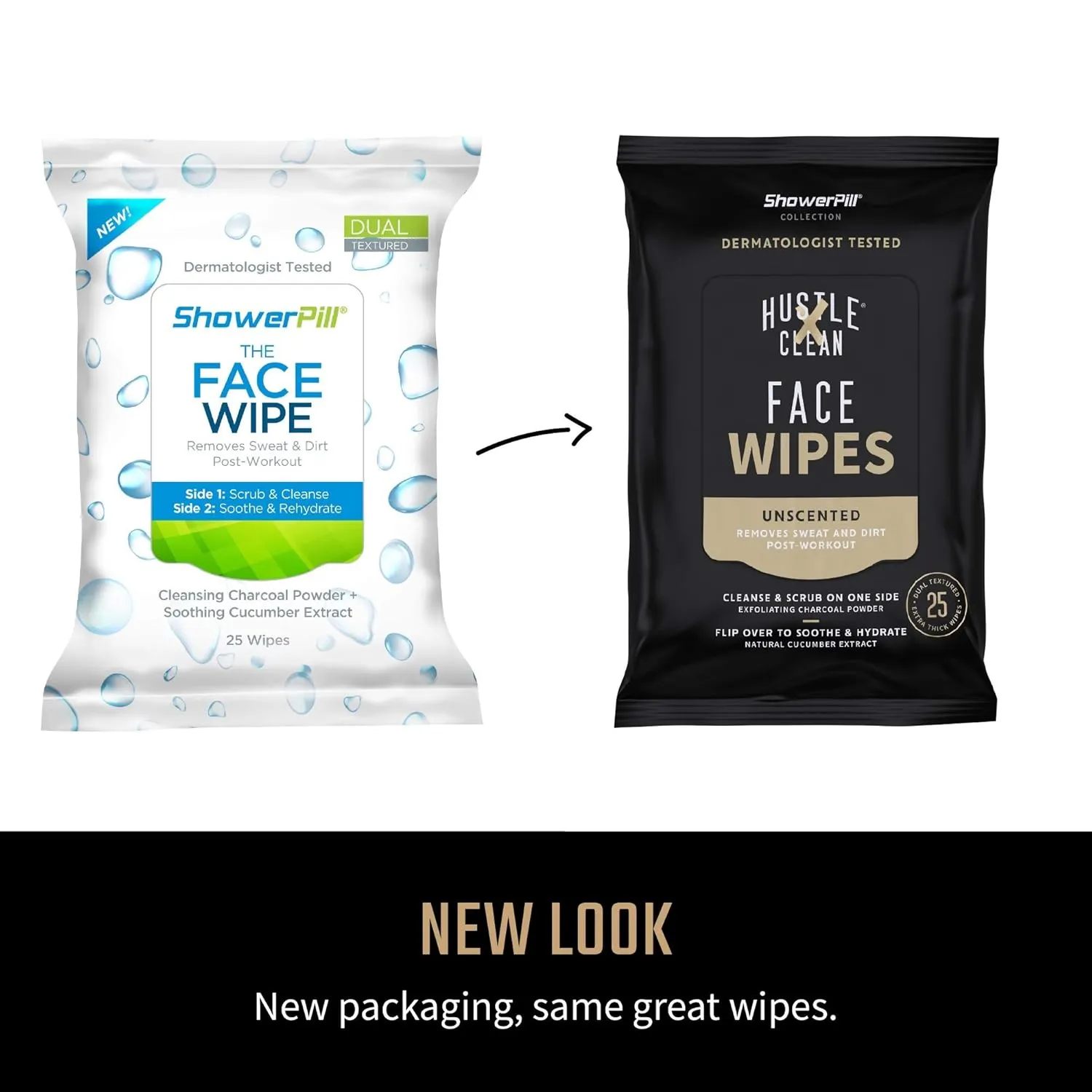 The Face Wipe by Hustle Clean - ShowerPill Collection - 100 Count - Dual-Textured Cleansing Cloth with Charcoal and Cucumber Formulation - 100 Face Wipes