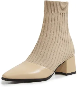 TinaCus Women's Genuine Leather Handmde Knitted Fabric Pointed Toe Block Heel Slip On Casual Mid Calf Boots